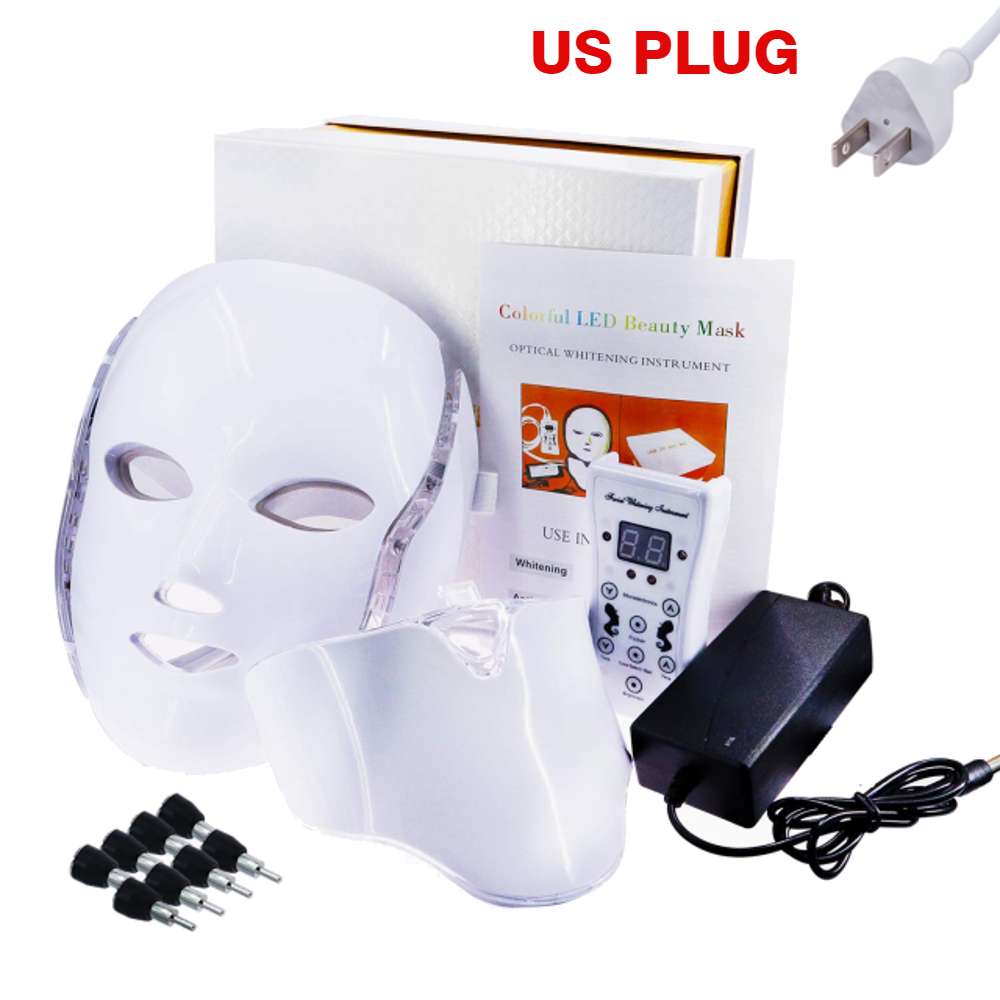 Image of the Photon Facial LED Light Therapy Mask, including the product box, manual, and US plug type. The mask features seven different color LEDs that treat a range of skin conditions such as wrinkles, acne, pigmentation, and more.